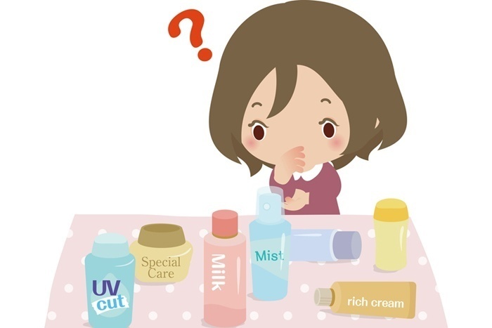 化粧品をチェックしている女性のイラスト